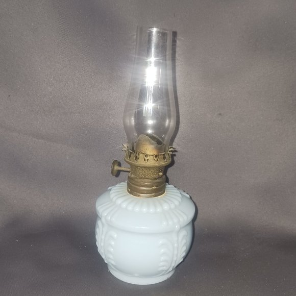 Antique Blue Milk Glass Oil Lamp 7" Tall with Hurricane - Picture 2 of 4